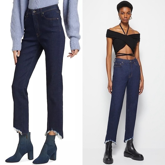 NWT JONATHAN SIMKHAI Organic Recycled Denim High Rise Fray Hem Straight Jeans 24 - Picture 1 of 8